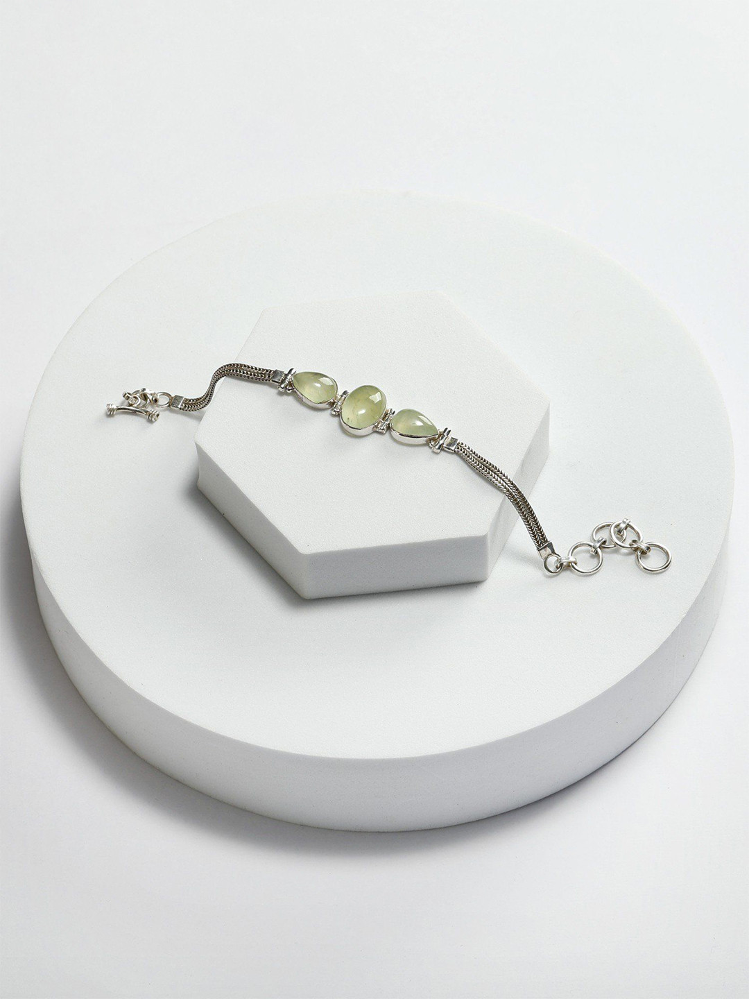 

Exotic India Cabochon Prehnite Sterling Silver Silver-Plated Emerald Wraparound Bracelet