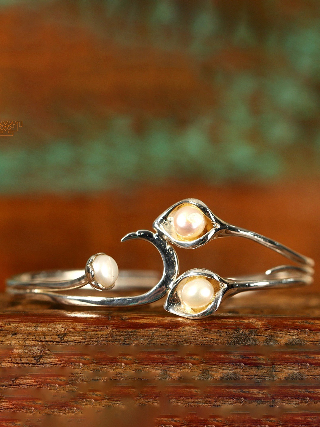 

Exotic India Women Sterling Silver Pearls Antique Silver-Plated Cuff Bracelet