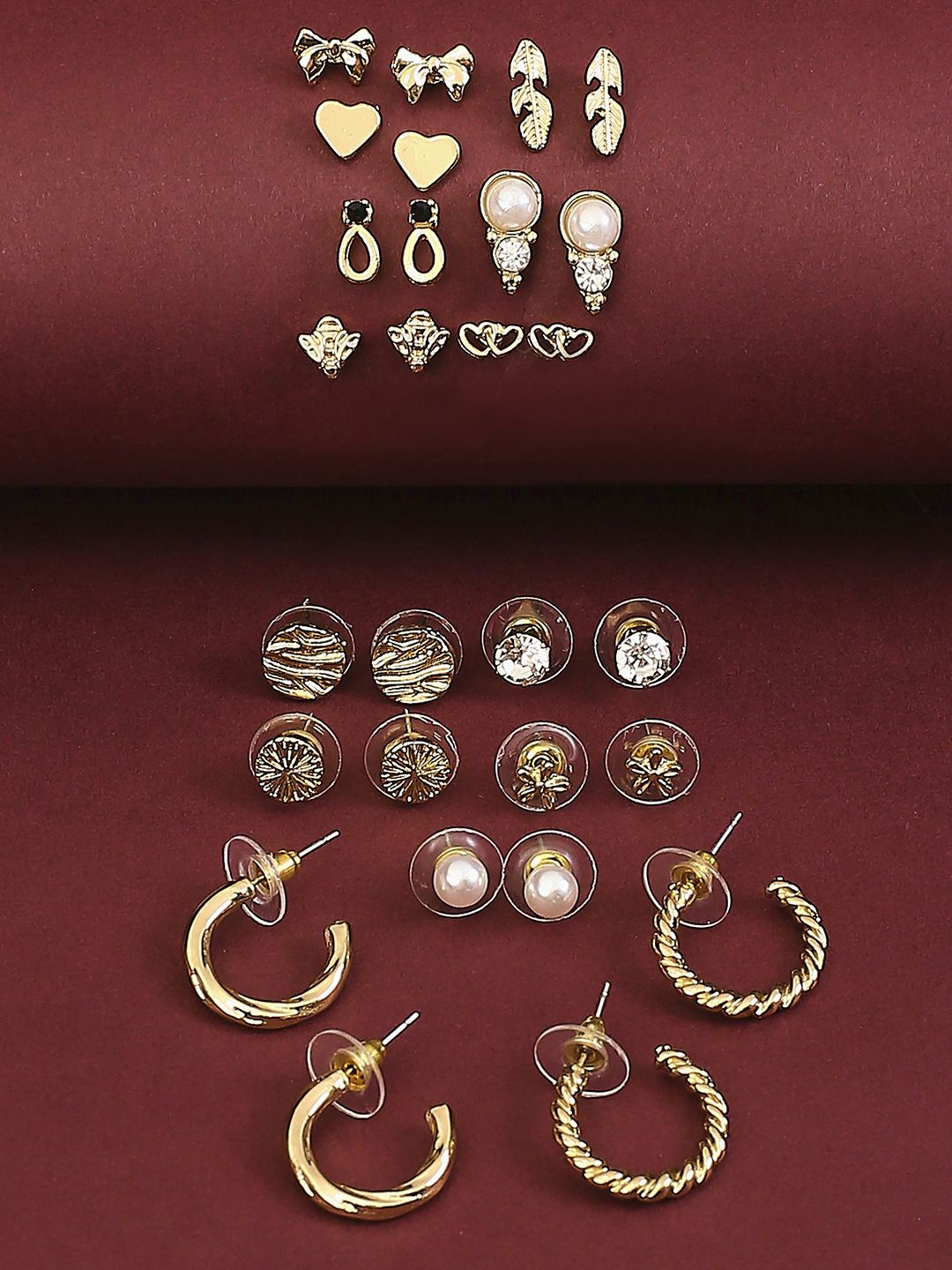 

OOMPH Set of 14 Contemporary Studded & Beaded Studs & Hoop Earrings, Gold