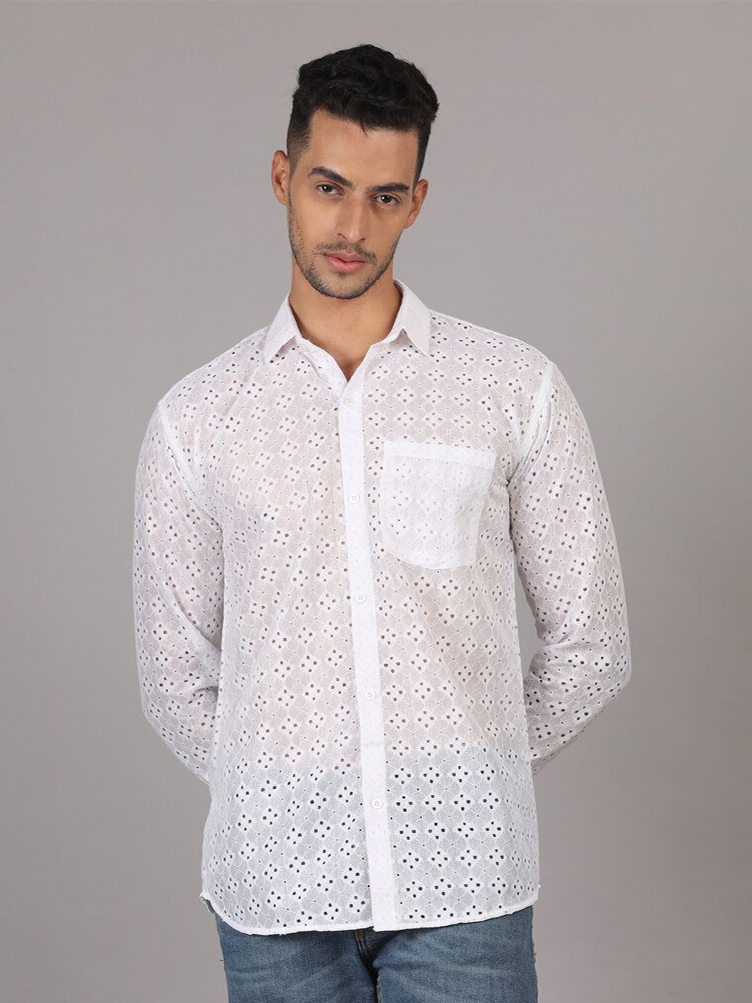 

RIAG Men Classic Sheer Printed Party Shirt, White