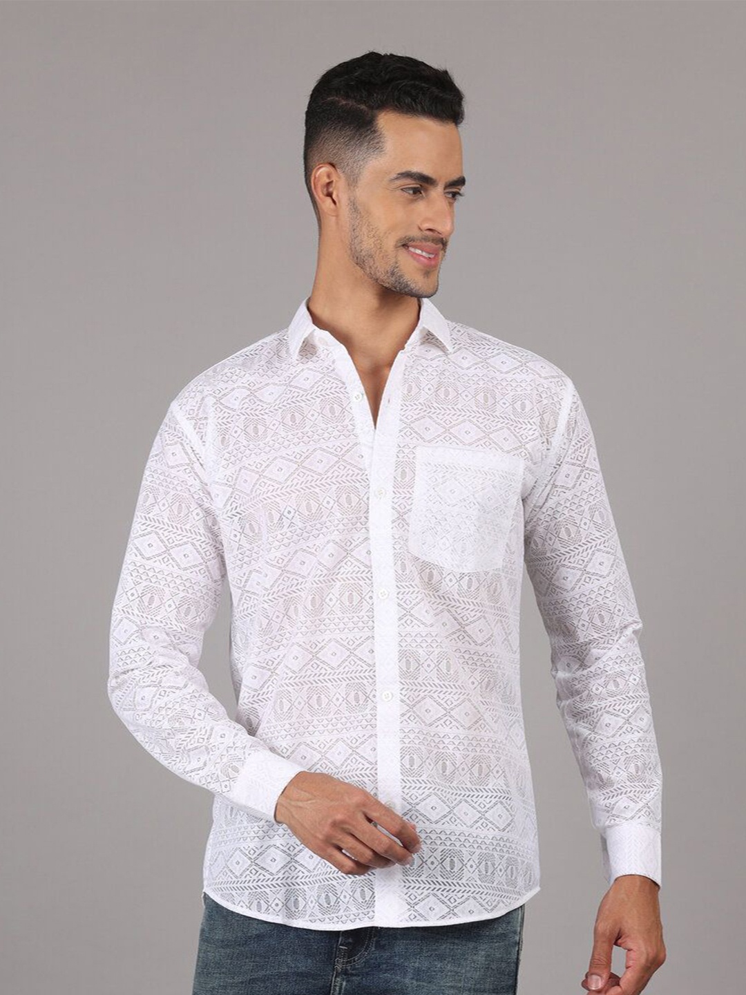

RIAG Men Classic Sheer Printed Party Shirt, White