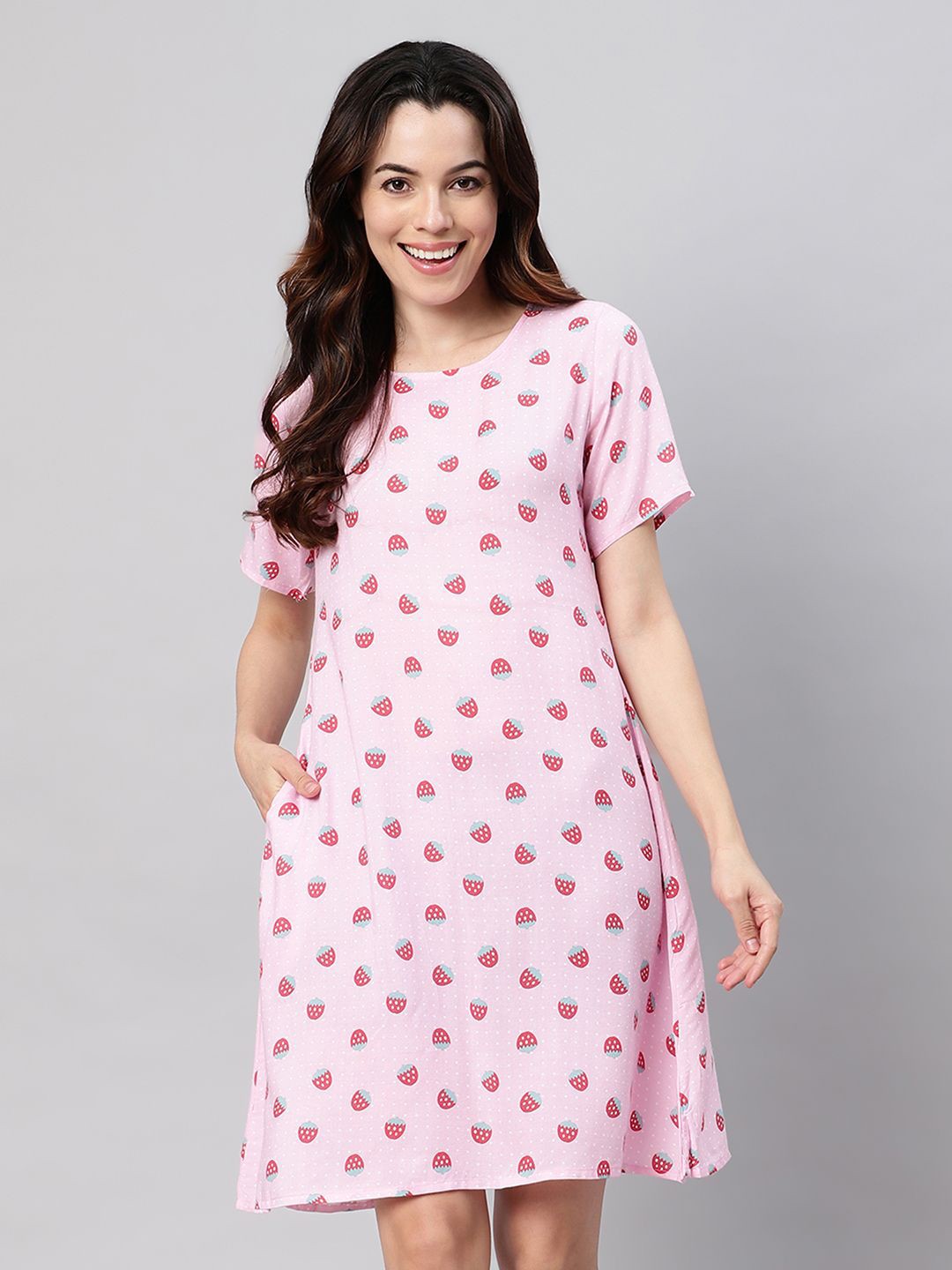 

FLAMBOYANT Women Round Neck Short Sleeves Printed Nightdress, Pink
