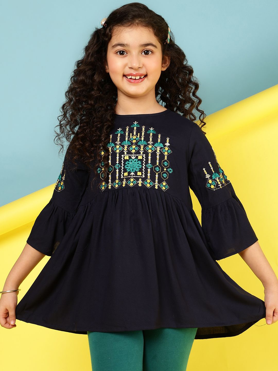 

BAESD Girls Ethnic Motifs Embridered Boat Neck Bell Sleeve Top, Black