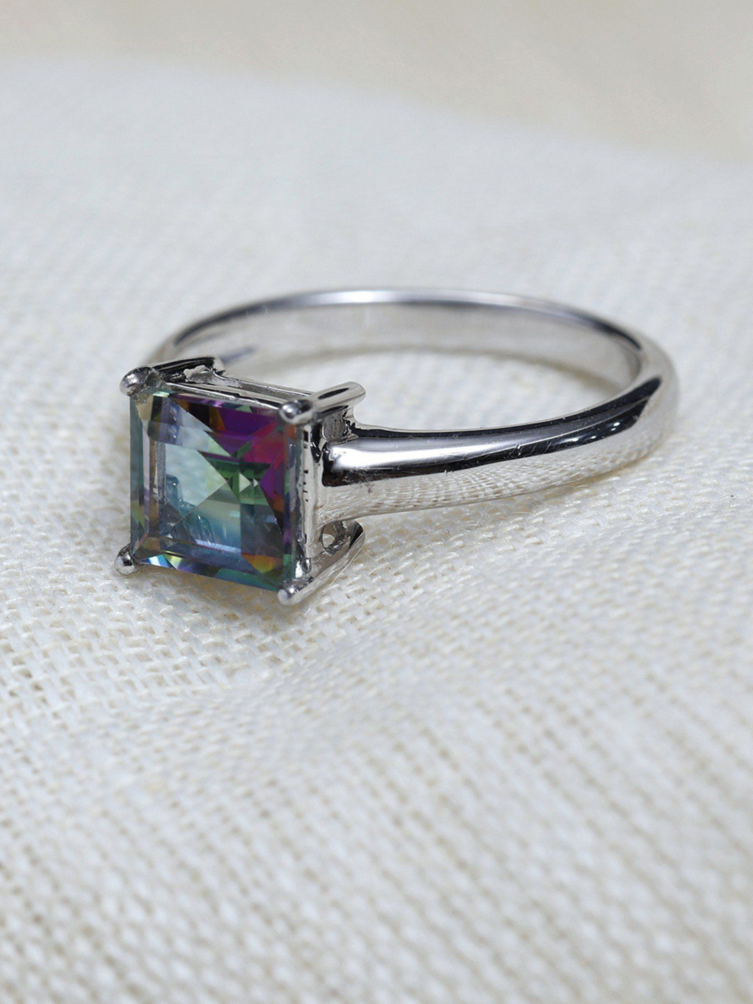 

Exotic India Square Cut Mystic Topaz Gemstone Sterling Silver Ring