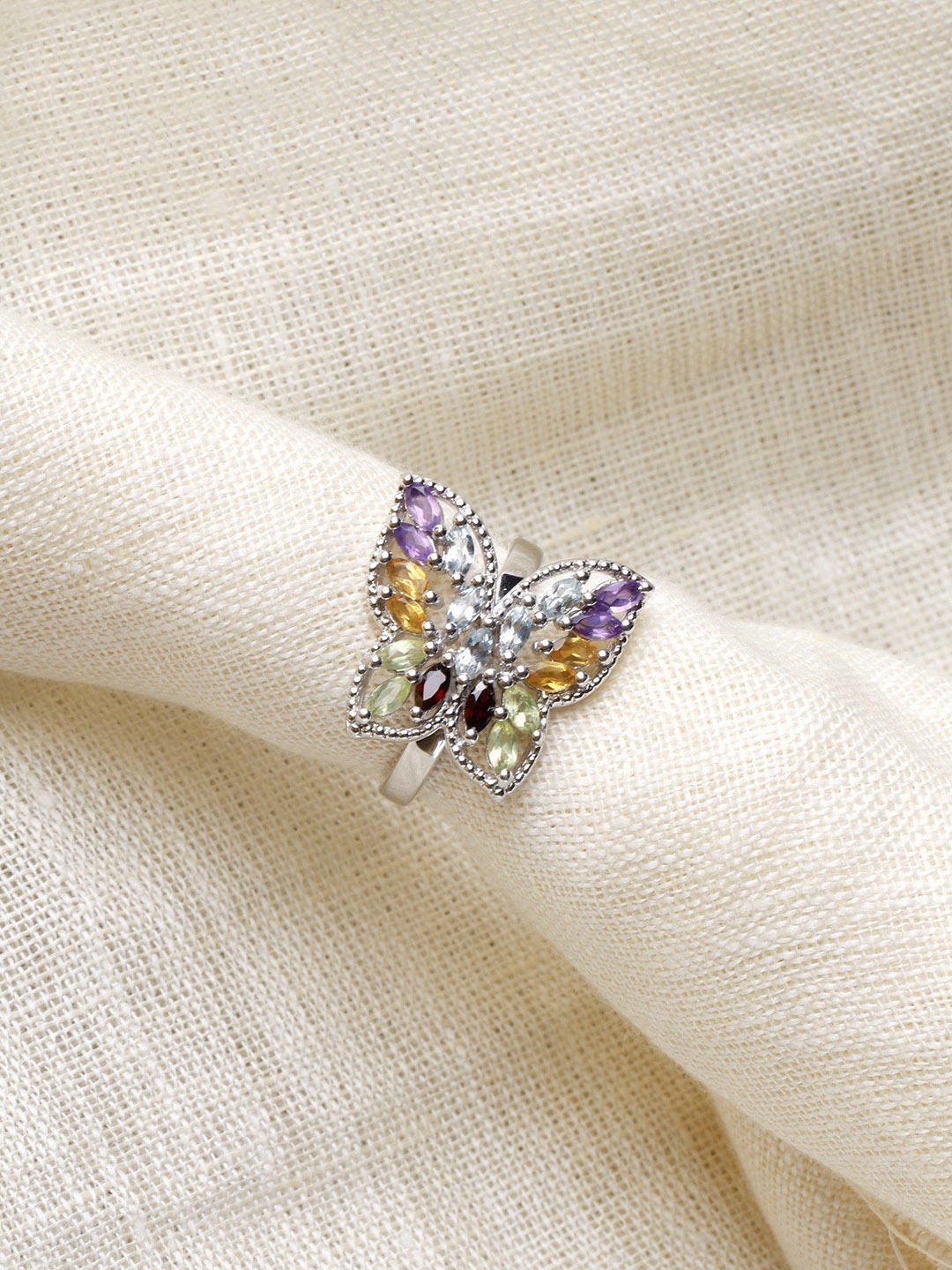 

Exotic India Faceted Multi-Gemstone Butterfly Sterling Silver Ring