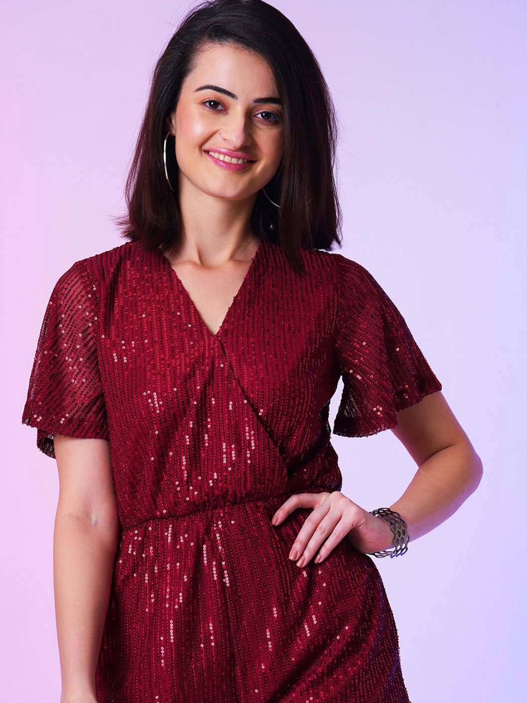 

BAESD Women V-Neck Embellished Jumpsuit, Maroon