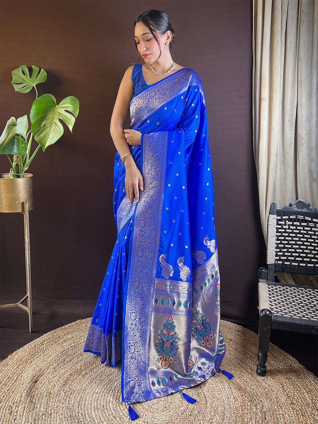 

Panzora Ethnic Motifs Woven Design Zari Paithani Saree, Blue