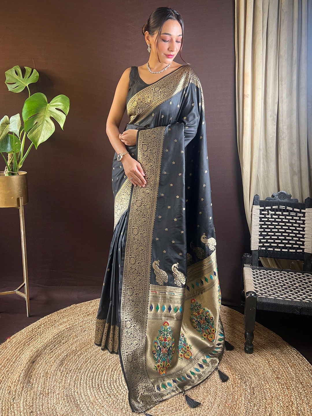 

Panzora Woven Design Zari Paithani Saree, Black