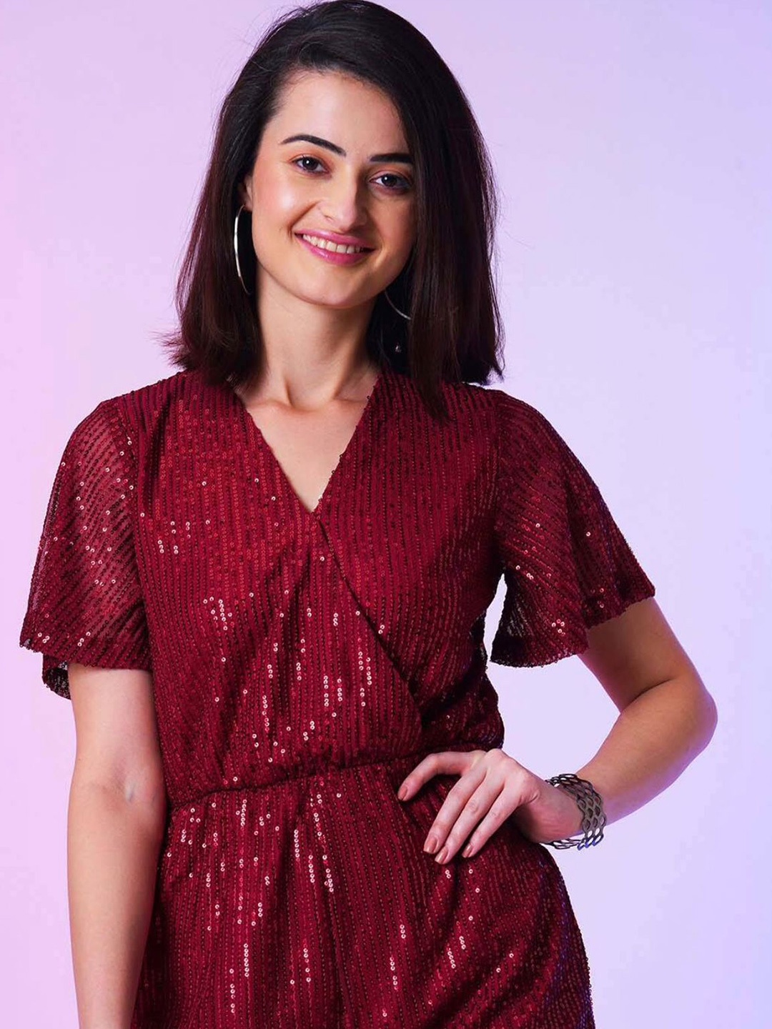 

KALINI Women Wrap Neck Embellished Mini Jumpsuit, Maroon