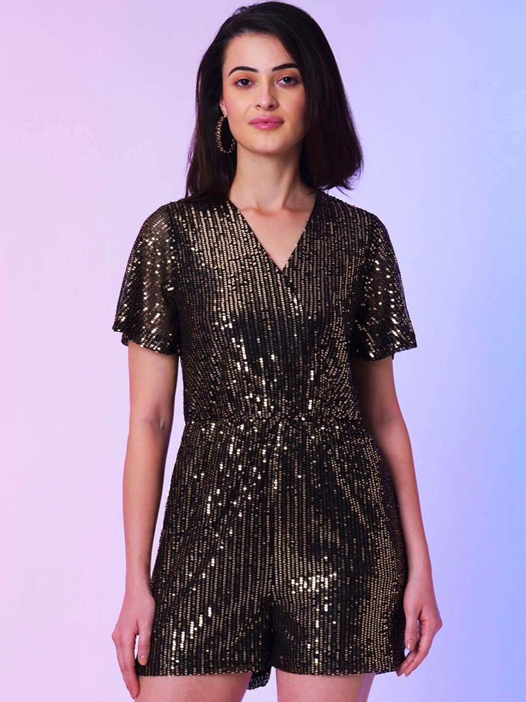 

KALINI with Women Embellished V-Neck Mini Jumpsuit, Black