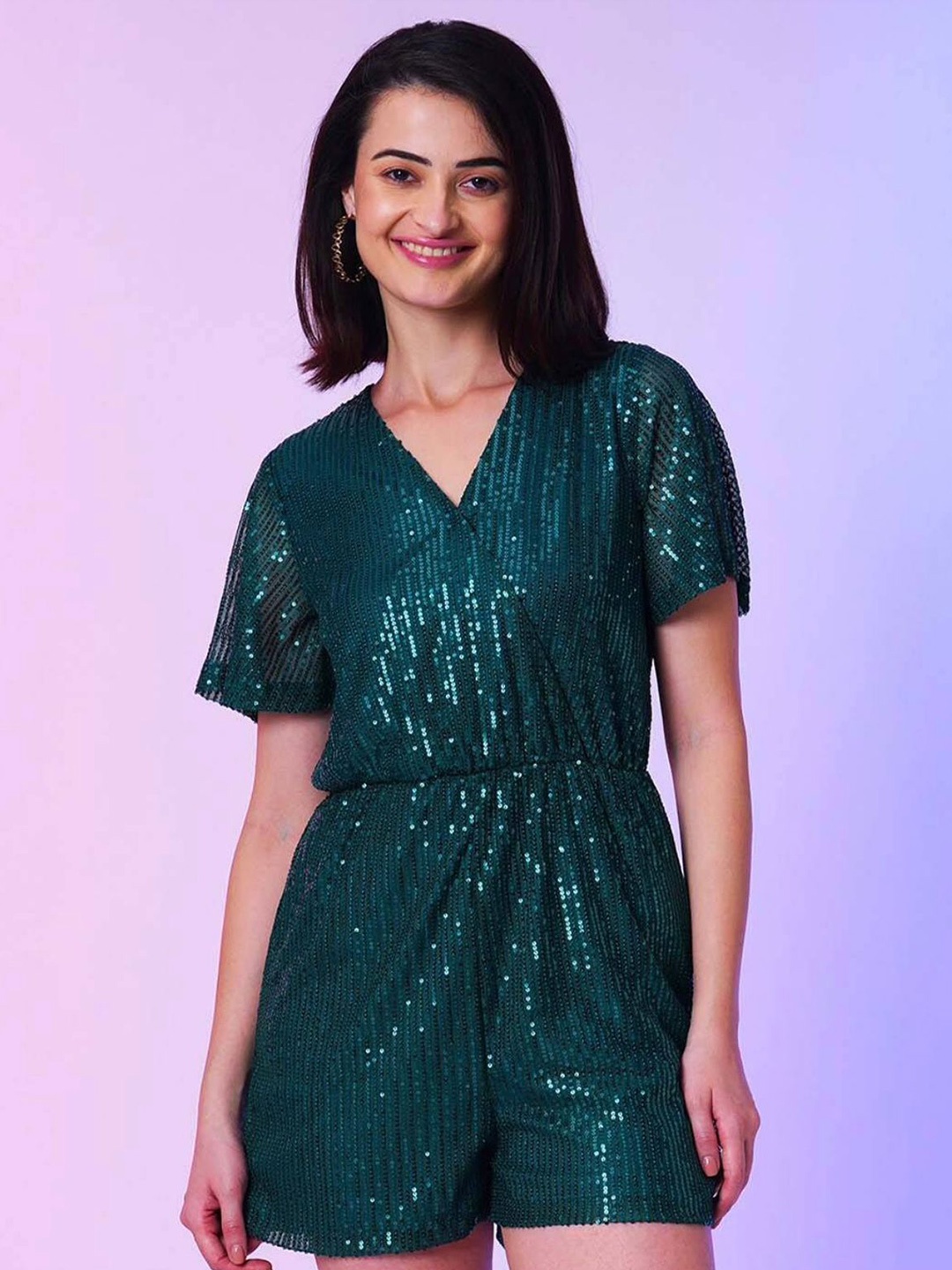 

KALINI Embellished Wrap Neck Mini Party Playsuit, Green