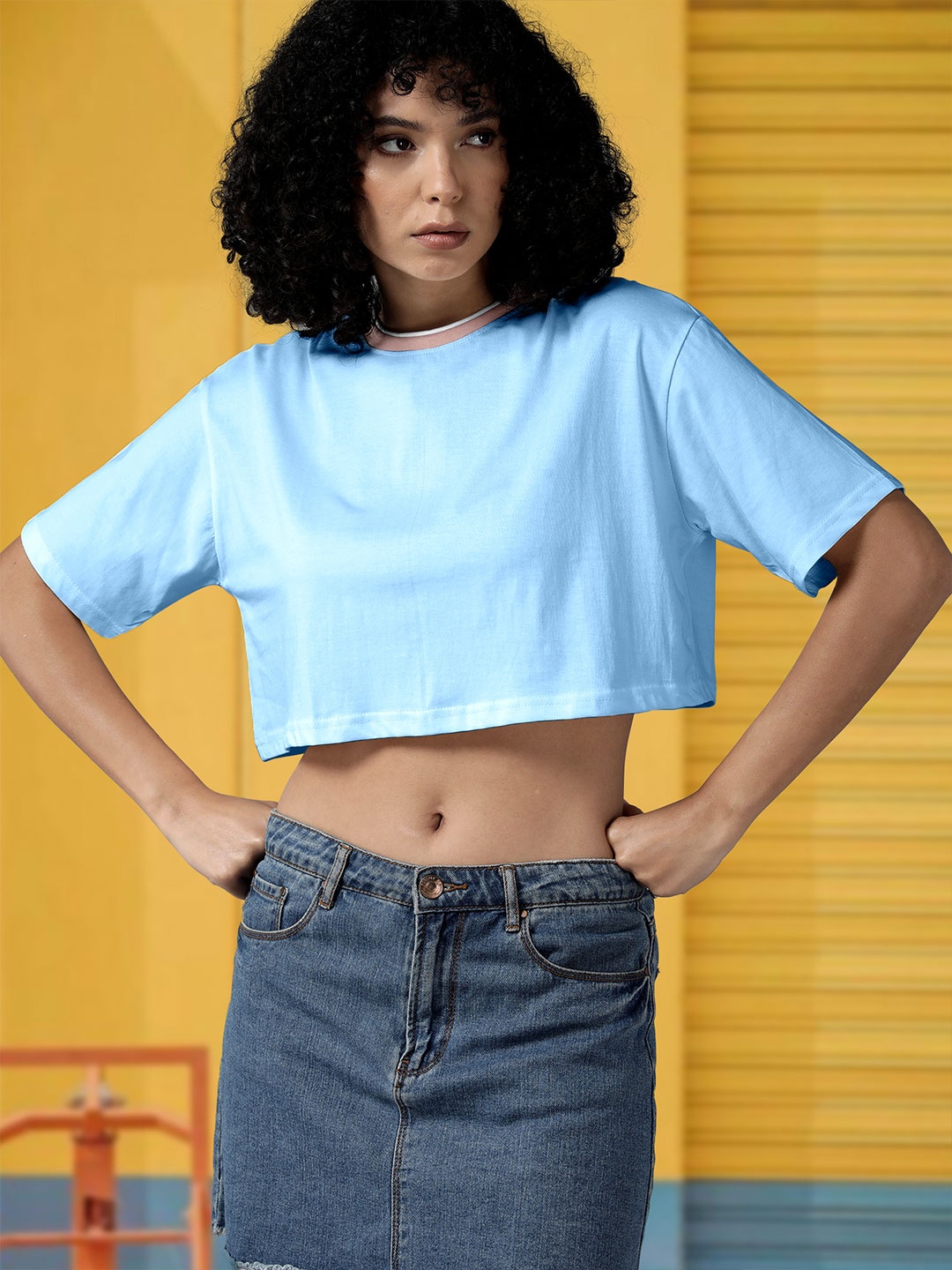

The Roadster Lifestyle Co. Women Solid Round Neck Cotton Boxy T-Shirt, Blue