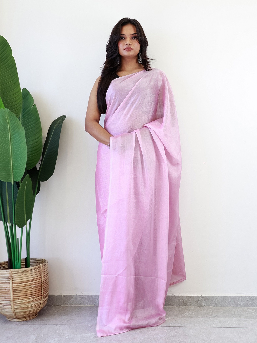 

Reeta Fashion Striped Ready to Wear Saree With Blouse Piece, Pink