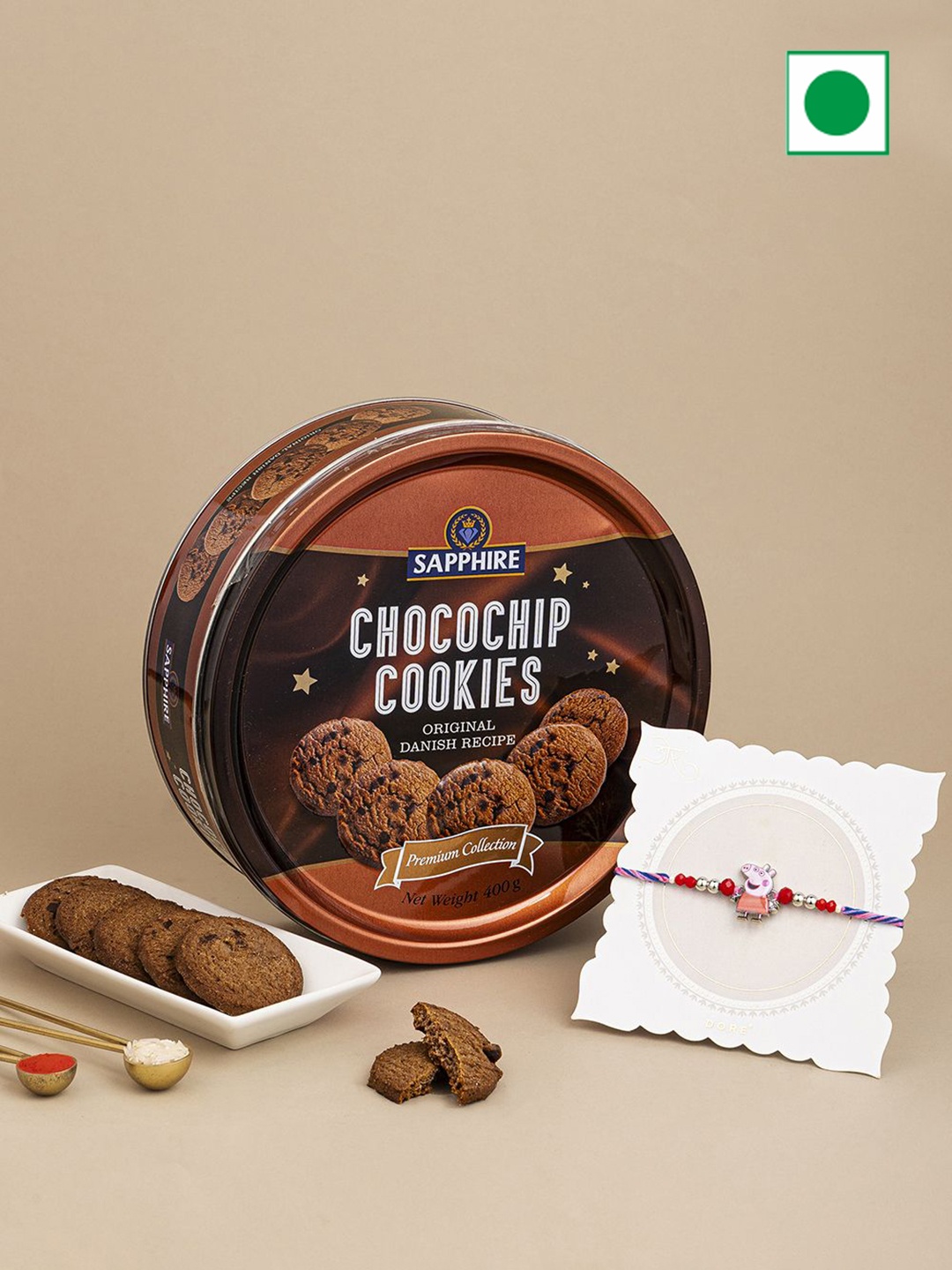 

Hyperfoods 2 Pieces Rakhi With Sapphire Chocochips Cookies 400gm, Brown