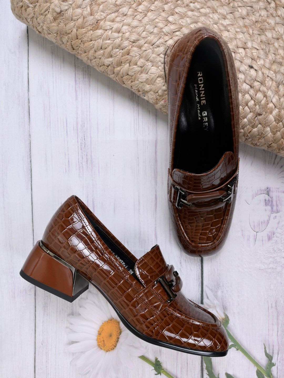 

Ronnie Grey Women Textured PU Slip On Round Toe Loafers, Brown