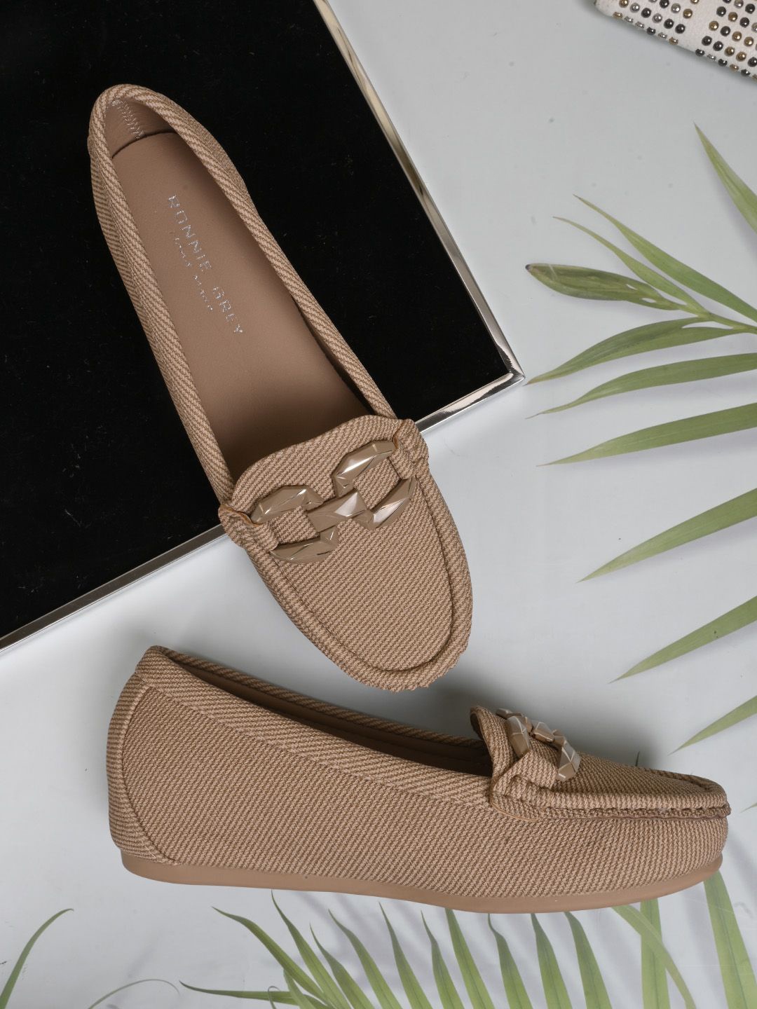 

Ronnie Grey Women PU Slip-On Loafers With Buckles, Khaki