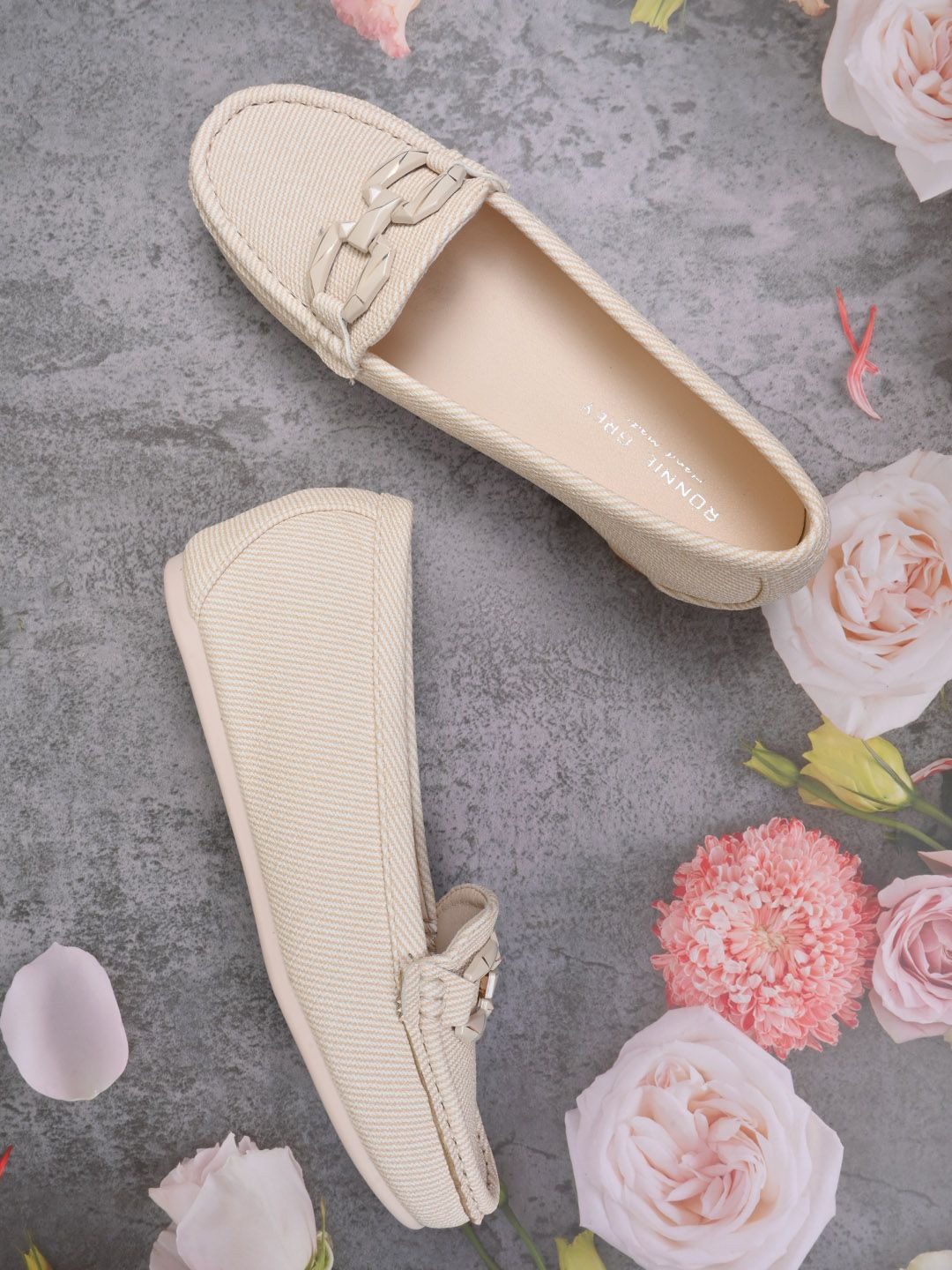 

Ronnie Grey Women PU Striped Loafers, Beige