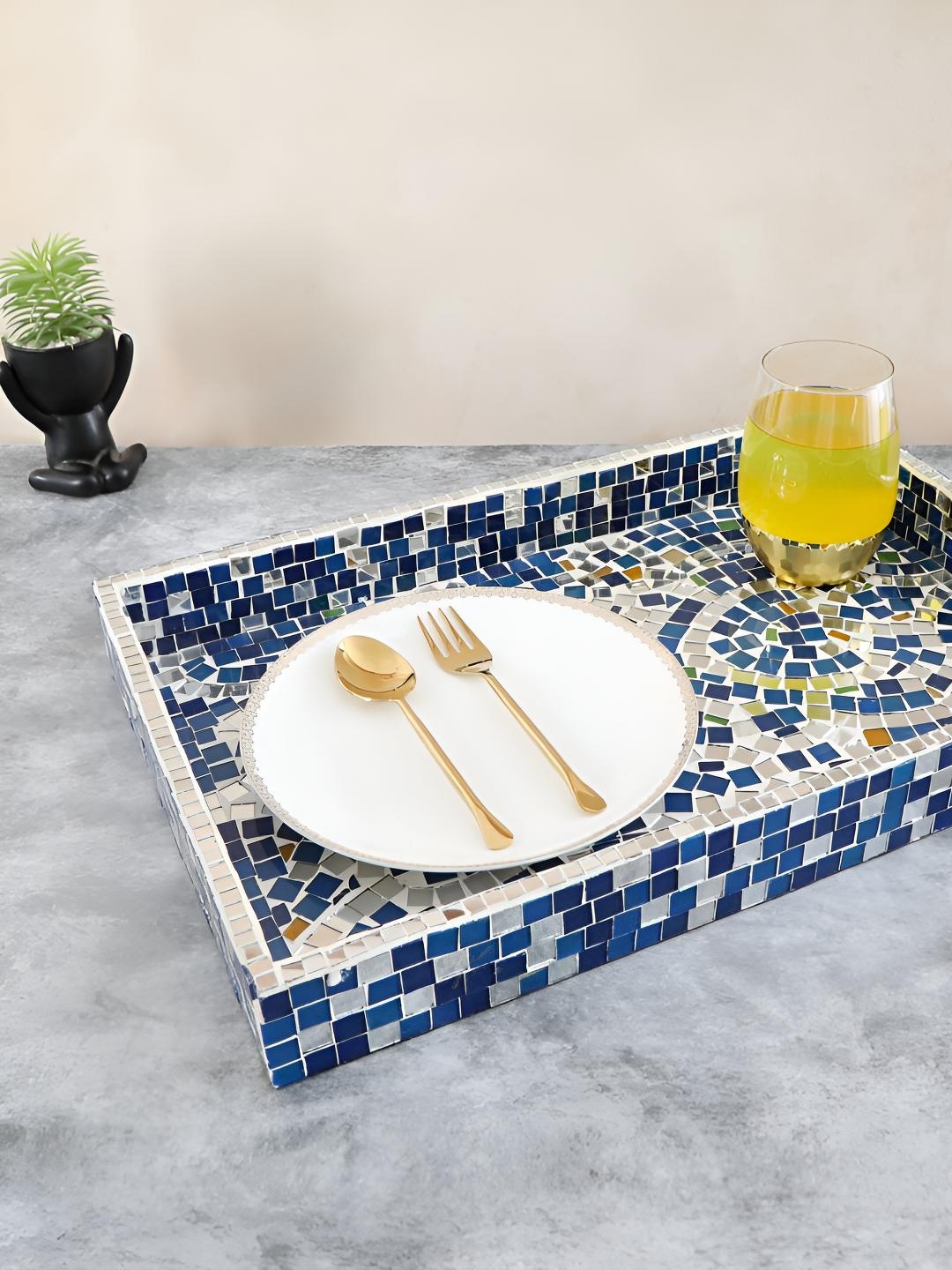

THE HOME CO. White & Blue Textured Wooden Mosaic Block Rectangle Serving Tray