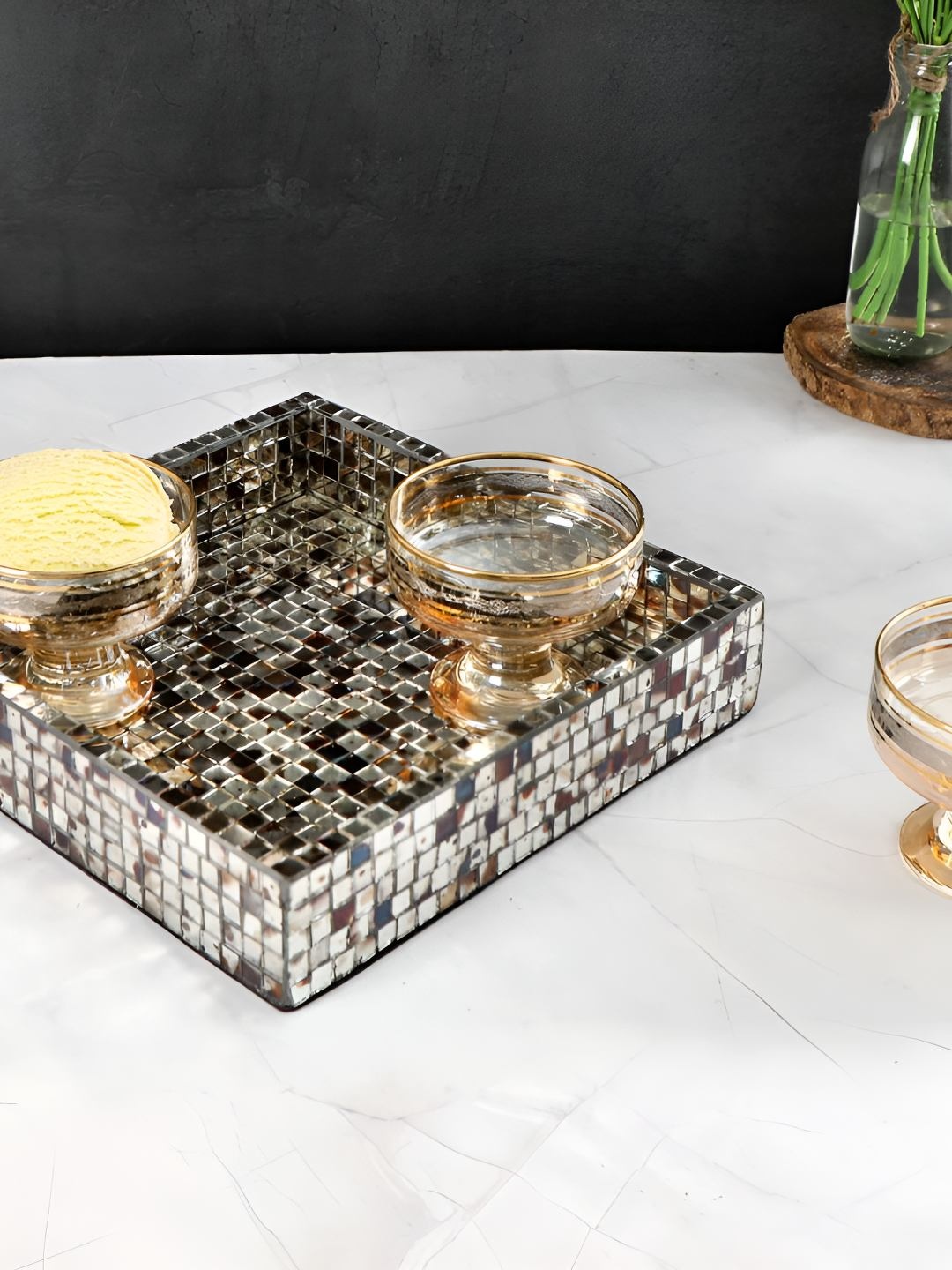 

THE HOME CO. White & Yellow Geometric Wooden Easy to Clean Square Serving Tray
