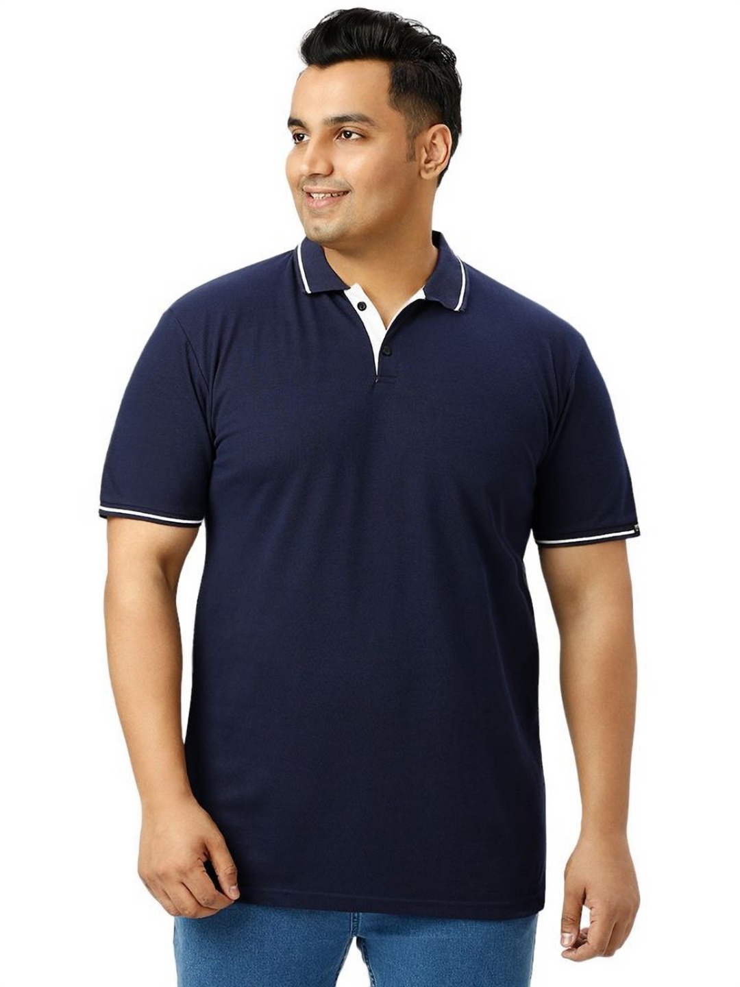 

Wear Your Opinion Men Plus Size Tipped Polo Collar Pique Cotton Tshirt, Navy blue