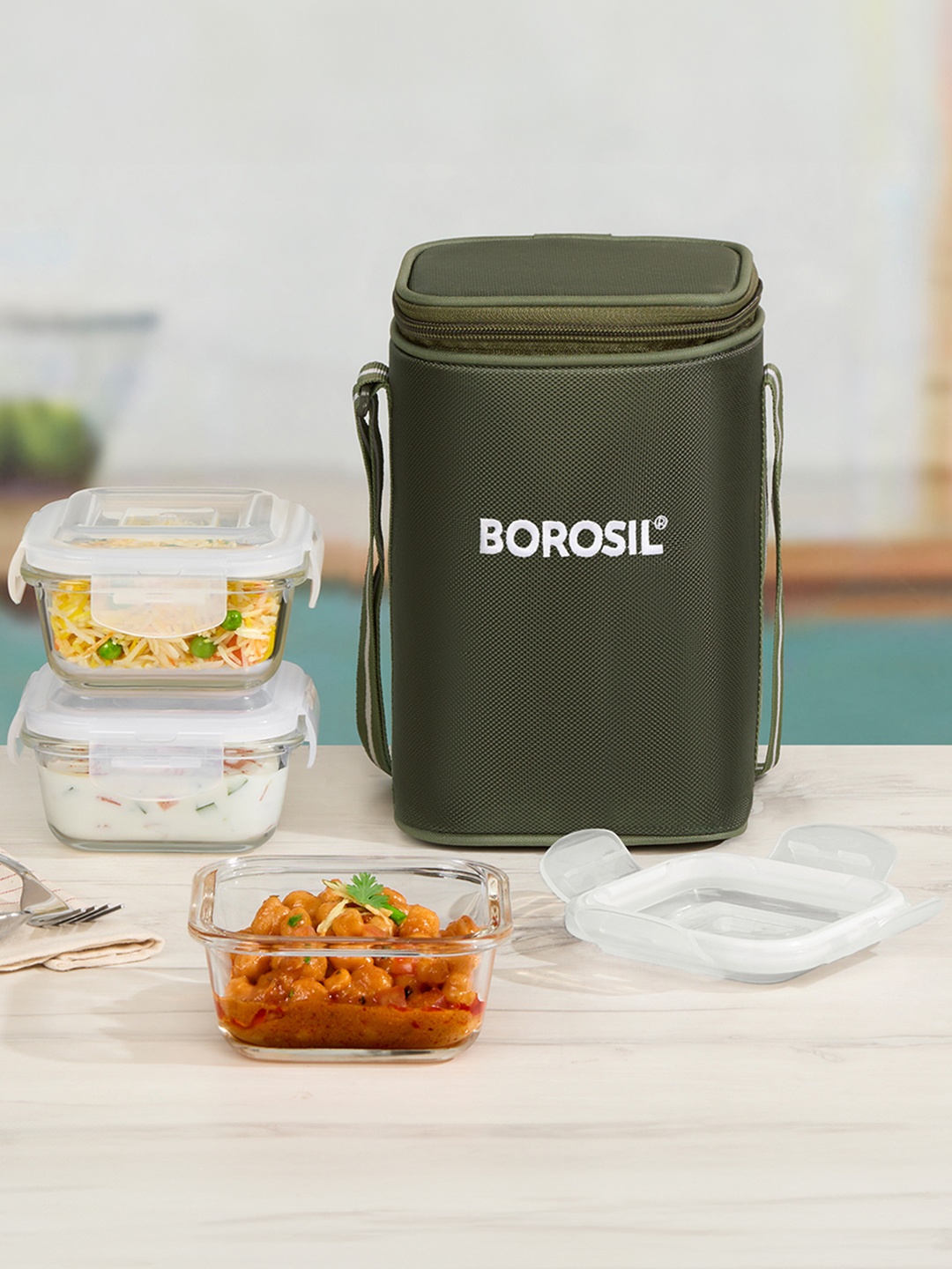 

BOROSIL Eateasy Green 3 Pieces Glass Leak Proof & Air Tight Lunchbox With Carry Bag