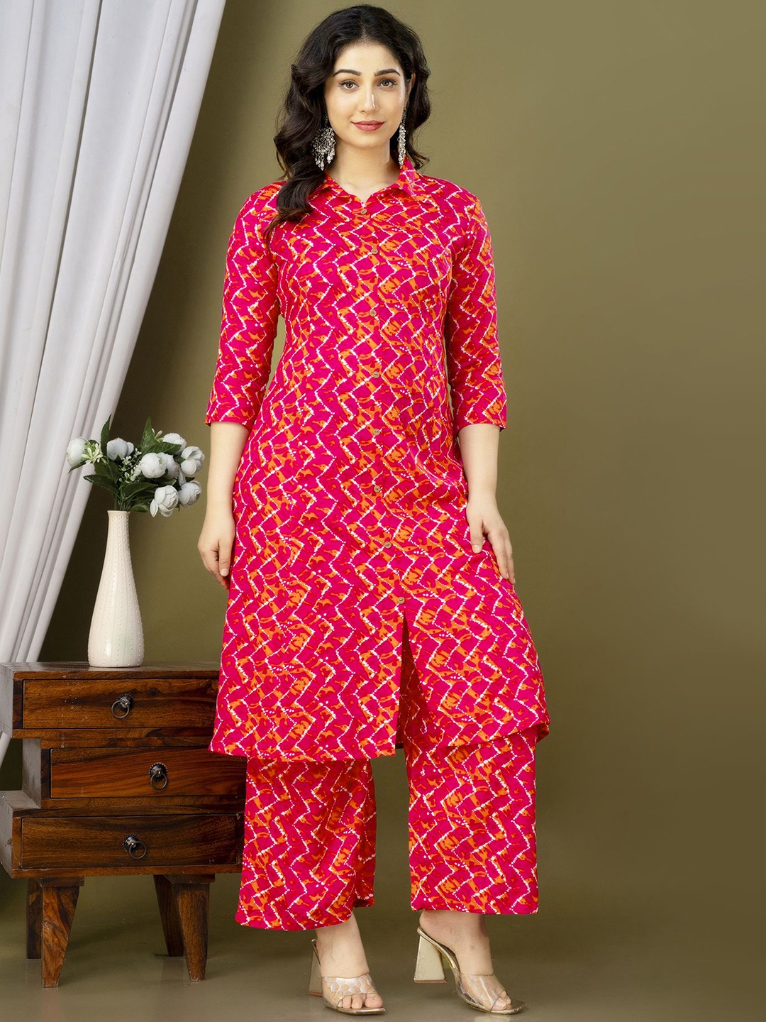 

KALINI Chevron Printed Shirt Collar A-Line Kurta with Palazzos, Pink