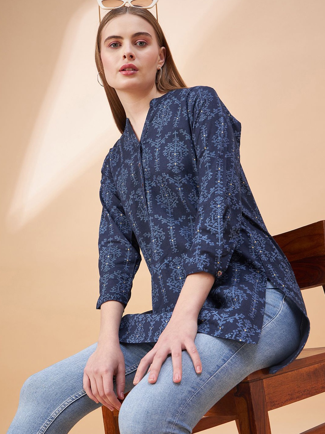 

all about you Women Ethinic Motif Pure Cotton Kurti Tops, Blue