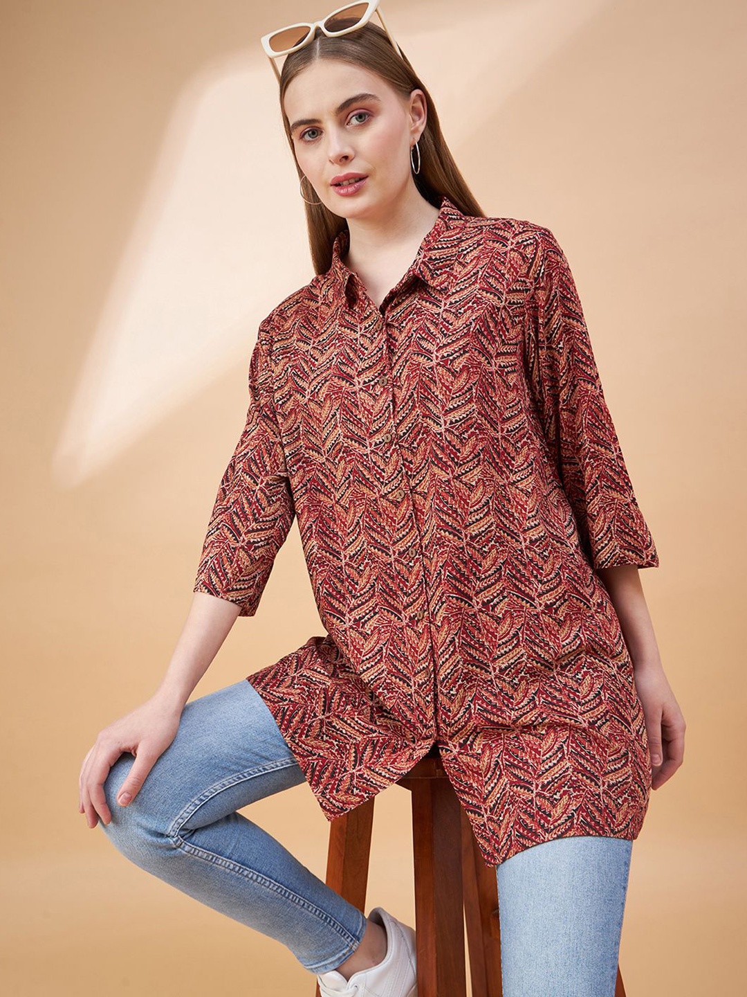 

all about you Geometric Printed Shirt Collar Top, Red