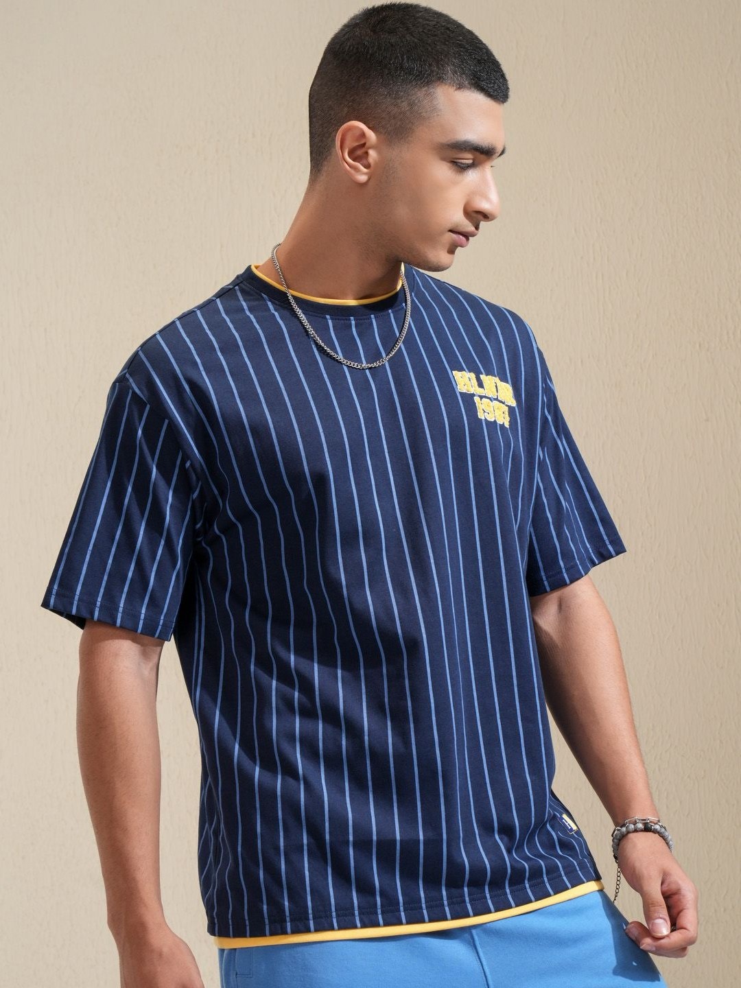 

HIGHLANDER Men Multi or Variegated Striped Round Neck Cotton Oversized T-Shirt, Navy blue