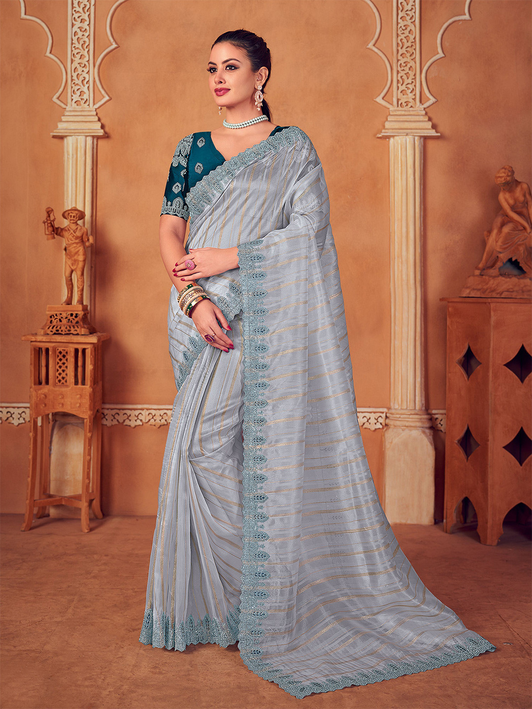 

VIRICA Striped Embroidered Organza Saree, Grey