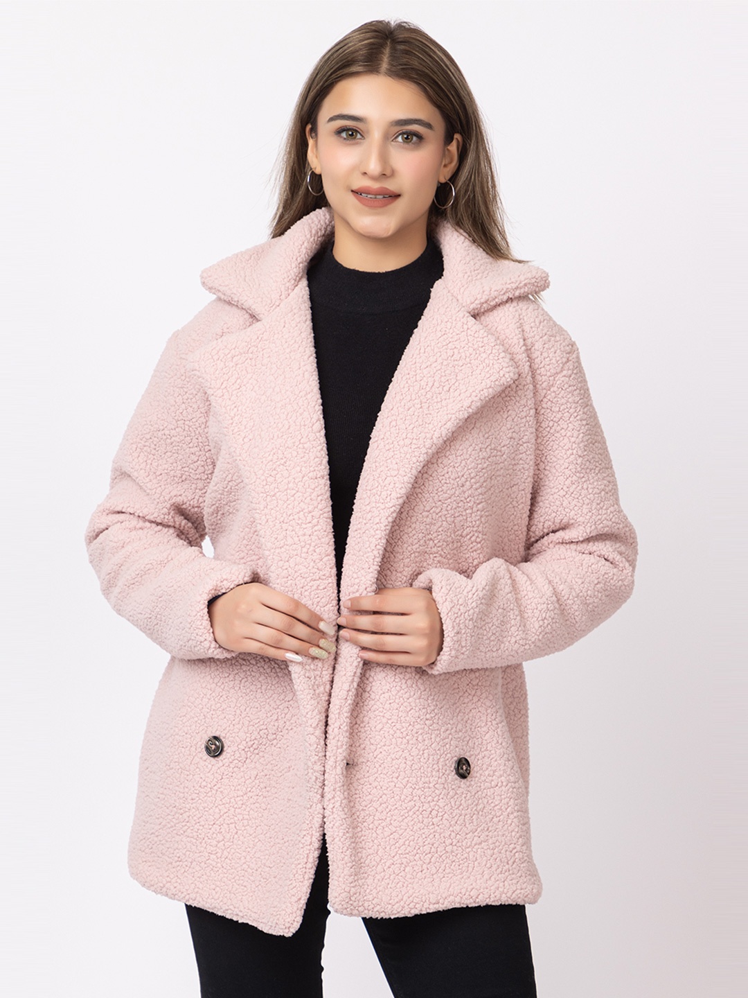 

MAZMUN Women Checked Asymmetric Closure Longline Outdoor Open Front Jacket, Pink