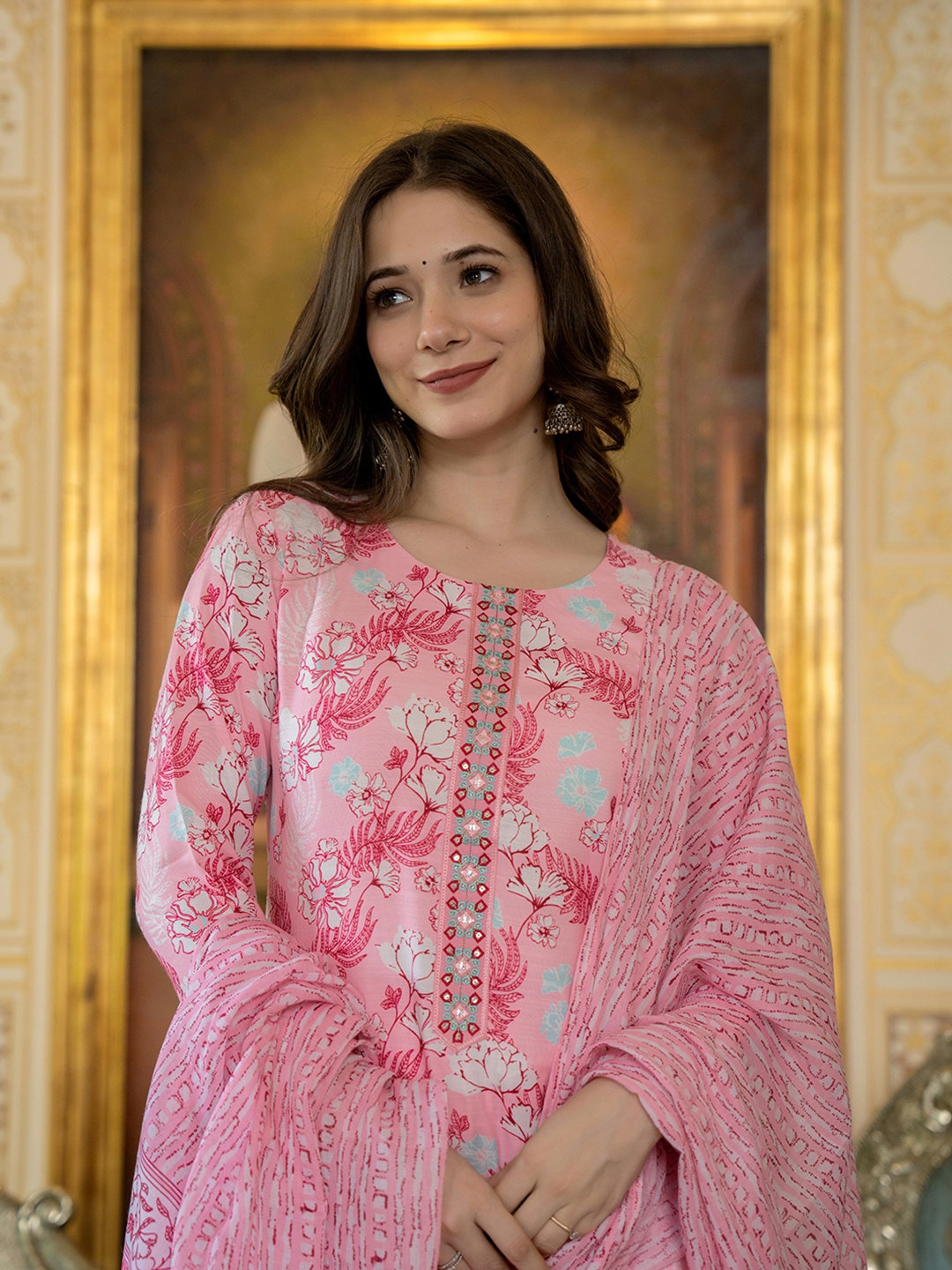 

AHIKA Floral Printed Regular Mirror Work Kurta with Trousers & Dupatta, Pink