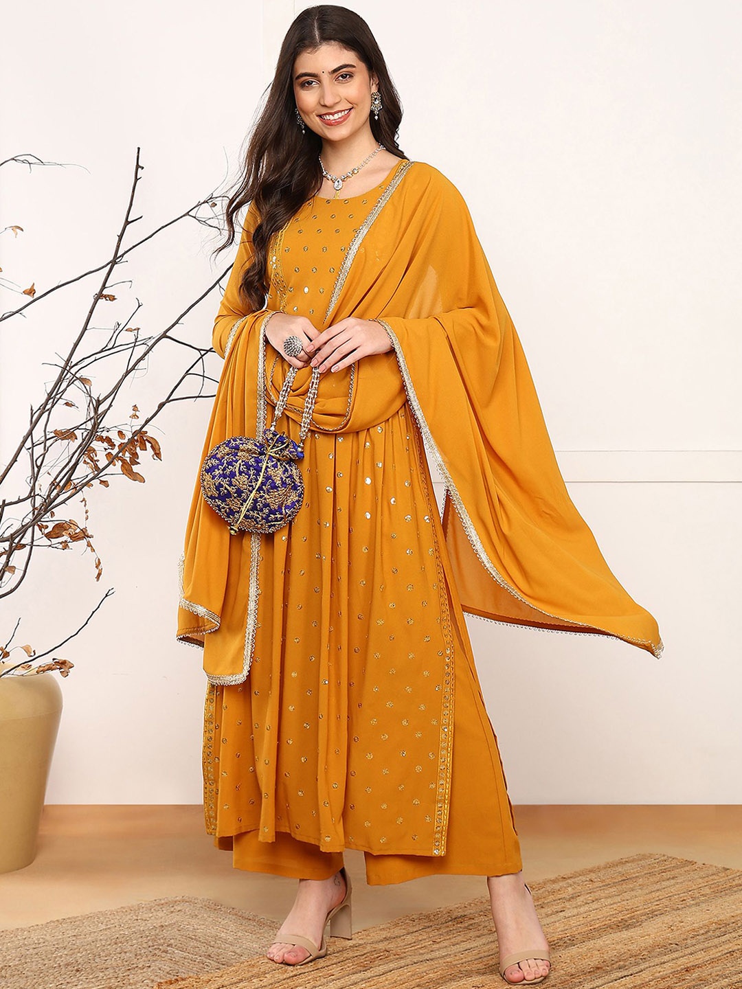 

AHIKA Geometric Embroidered Pleated Sequinned Georgette Kurta With Palazzos & Dupatta, Mustard