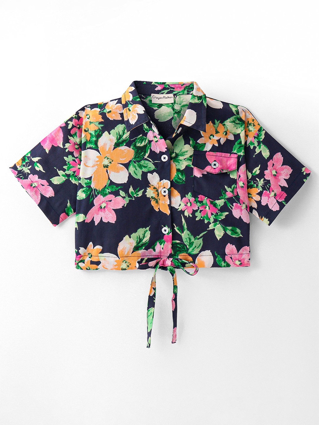 

CrayonFlakes Girls Floral Printed Cotton Knotted Shirt Style Crop Top, Navy blue