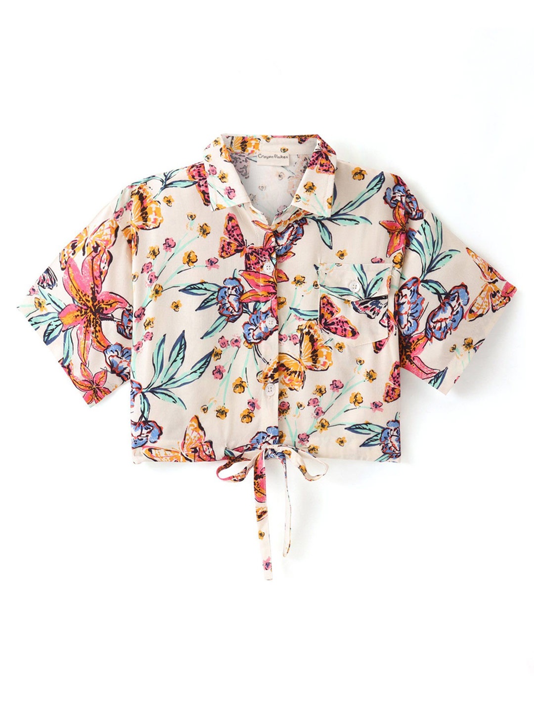 

CrayonFlakes Floral Print Tie-Up Neck Flared Sleeve Shirt Style Top, Off white