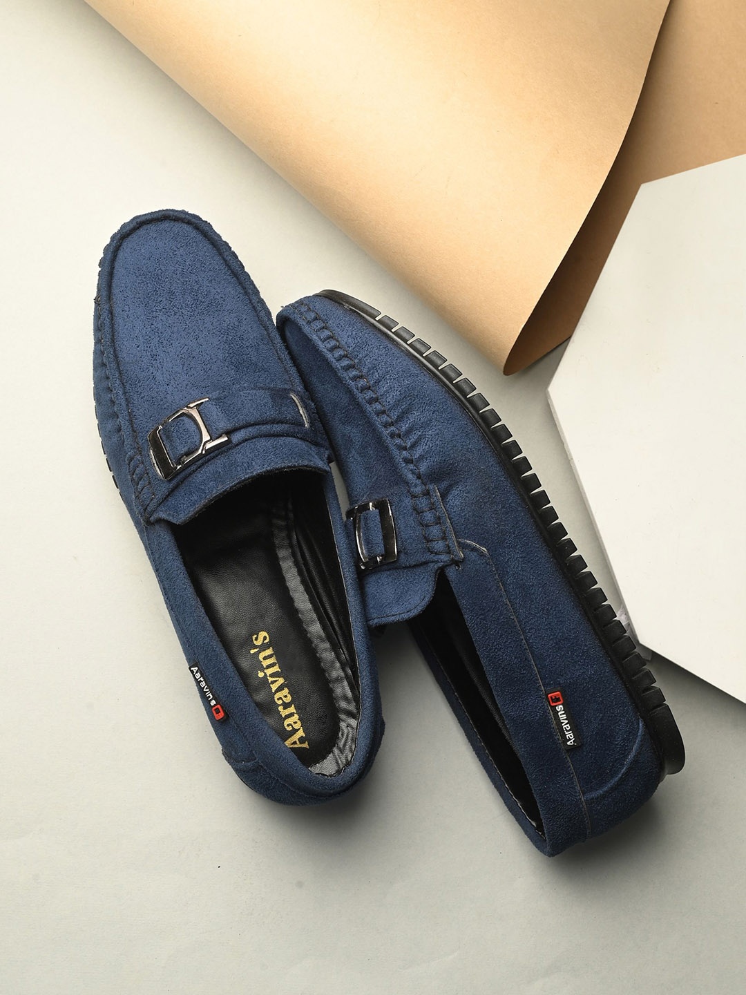 

AARAVIN'S Men Textured Suede Round Toe Loafers, Blue