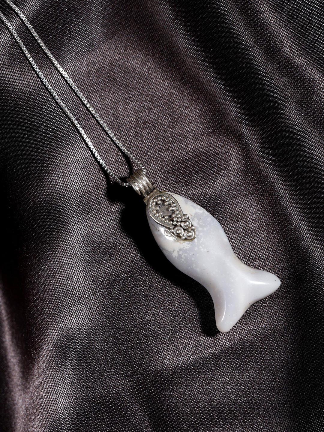 

Exotic India Cabochon Chalcedony Fish Shape Sterling Silver Pendant