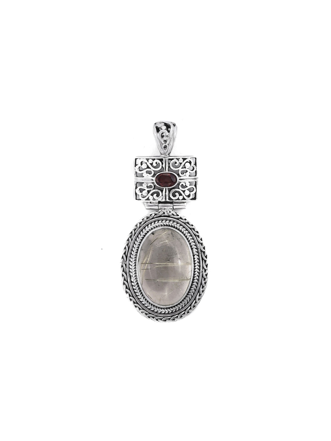 

Exotic India Rutile Quartz and Garnet Stone Sterling Silver Pendant