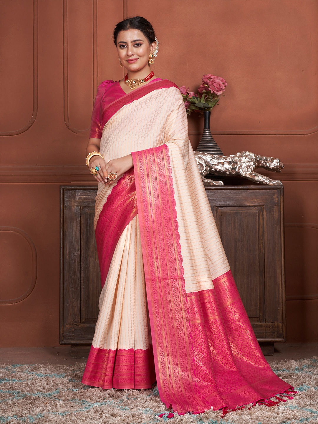 

Anouk Woven Design Zari Kanjeevaram Saree, Cream