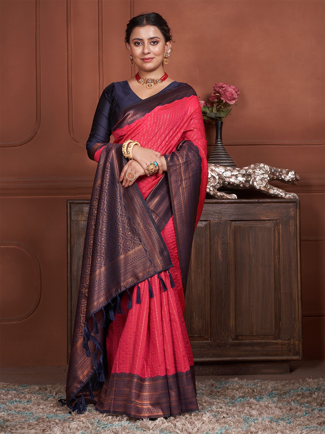 

Anouk Striped Zari Kanjeevaram Saree, Peach