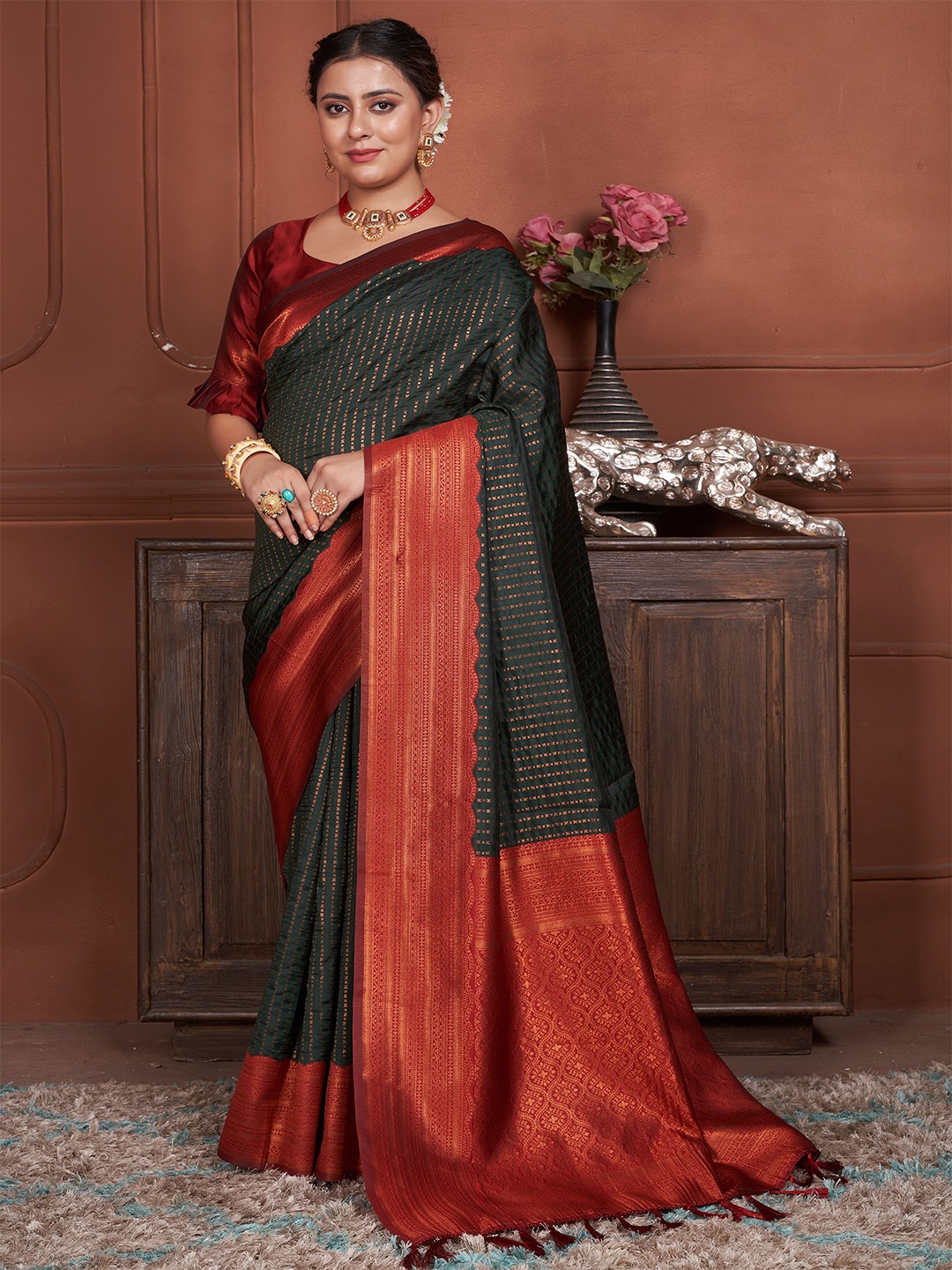 

Anouk Striped Woven Design Zari Kanjeevaram Saree, Green
