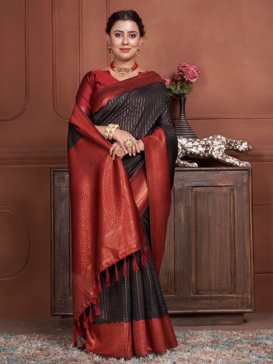 

Anouk Striped Zari Kanjeevaram Saree, Black