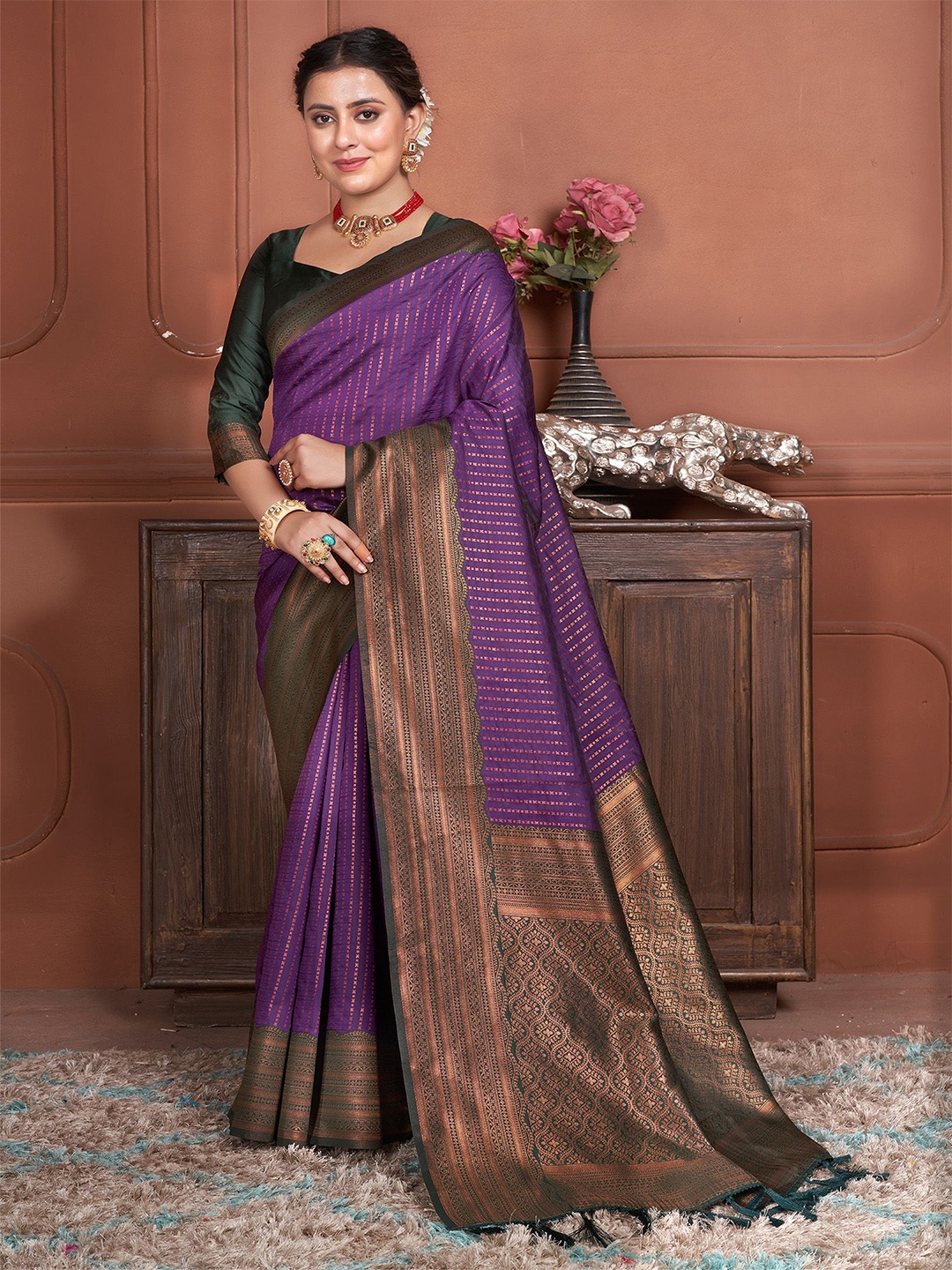 

Anouk Striped Zari Kanjeevaram Saree, Purple