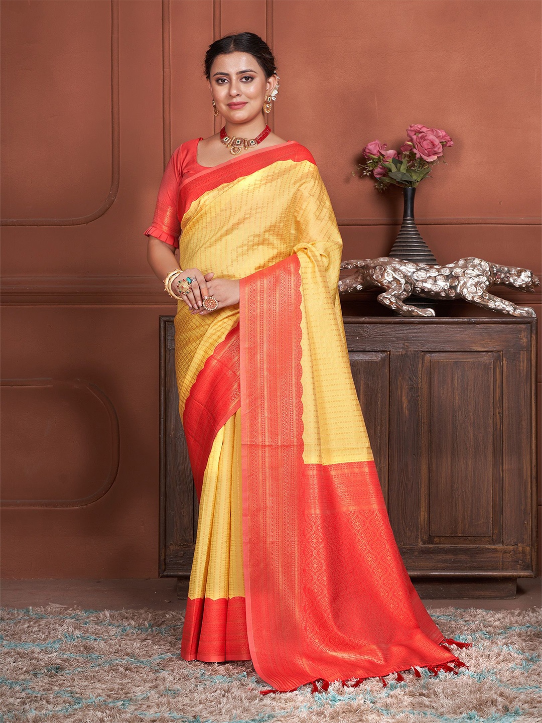 

Anouk Woven Design Zari Kanjeevaram Saree, Yellow