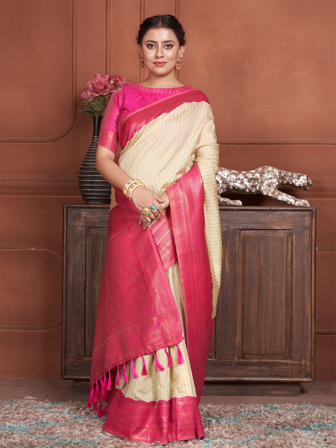 

Anouk Woven Design Zari Kanjeevaram Saree, Beige