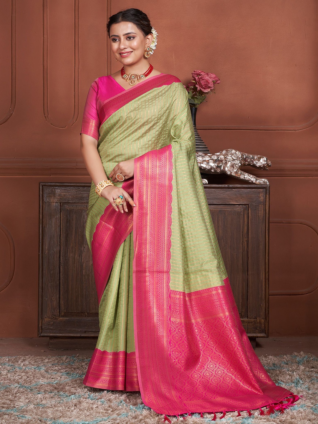 

Anouk Striped Woven Design Zari Kanjeevaram Saree, Green