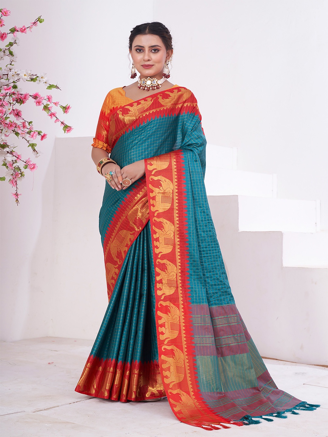 

Anouk Checked Zari Kanjeevaram Saree, Teal