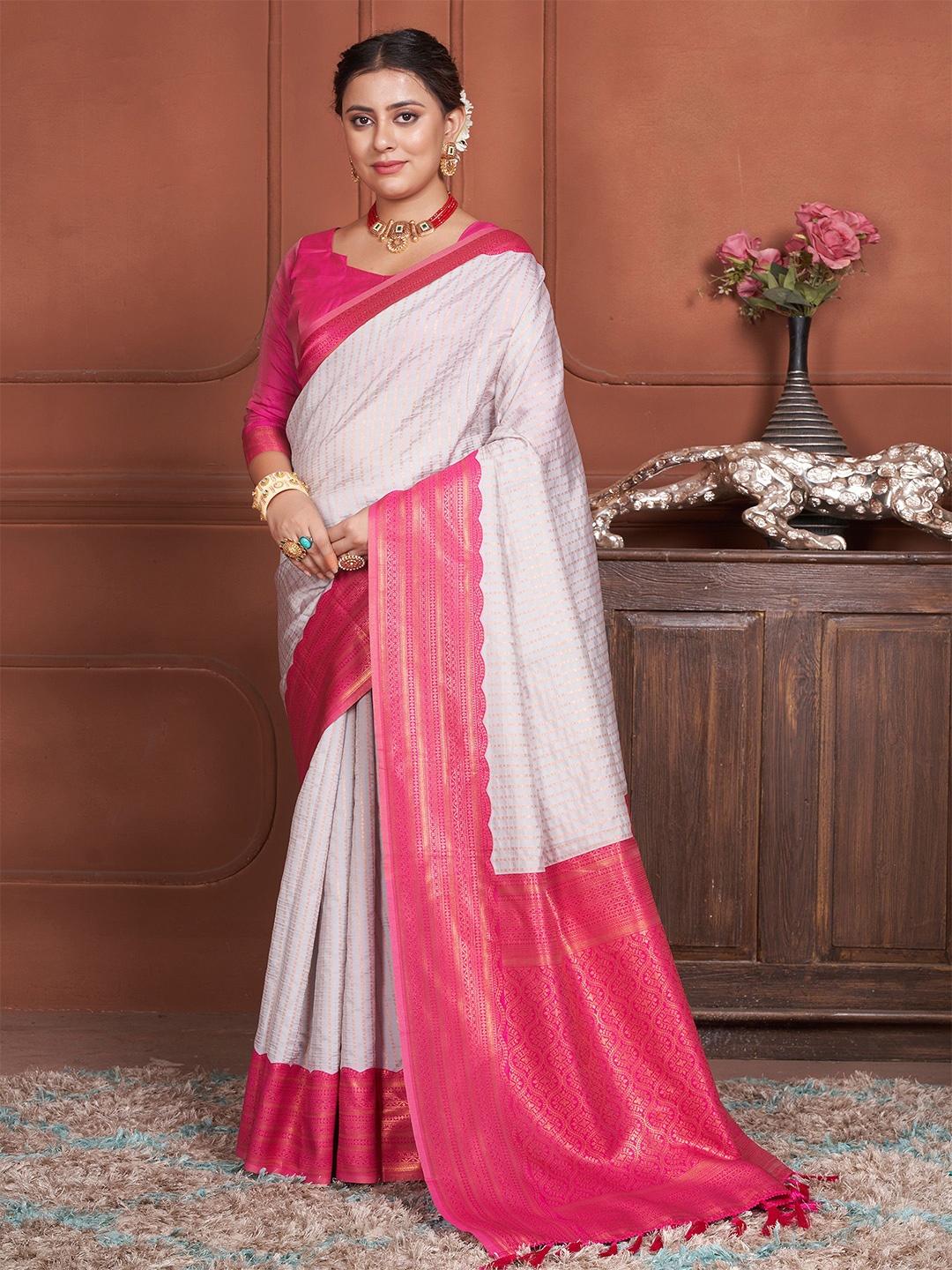 

Anouk Kanjeevaram Silk Blend Striped Zari Traditional Celebrity Saree, Grey