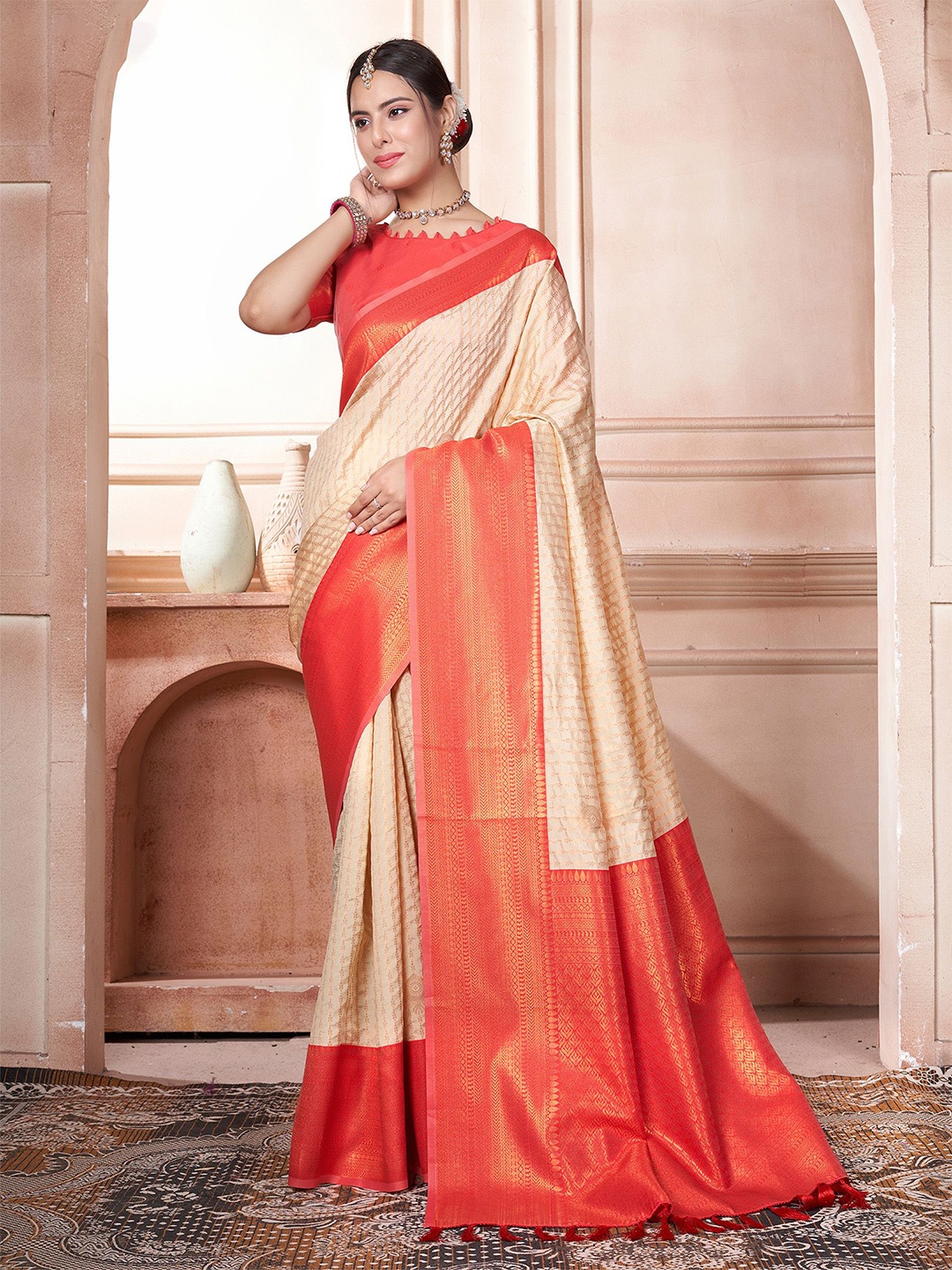 

Anouk Striped Zari Kanjeevaram Saree, Cream