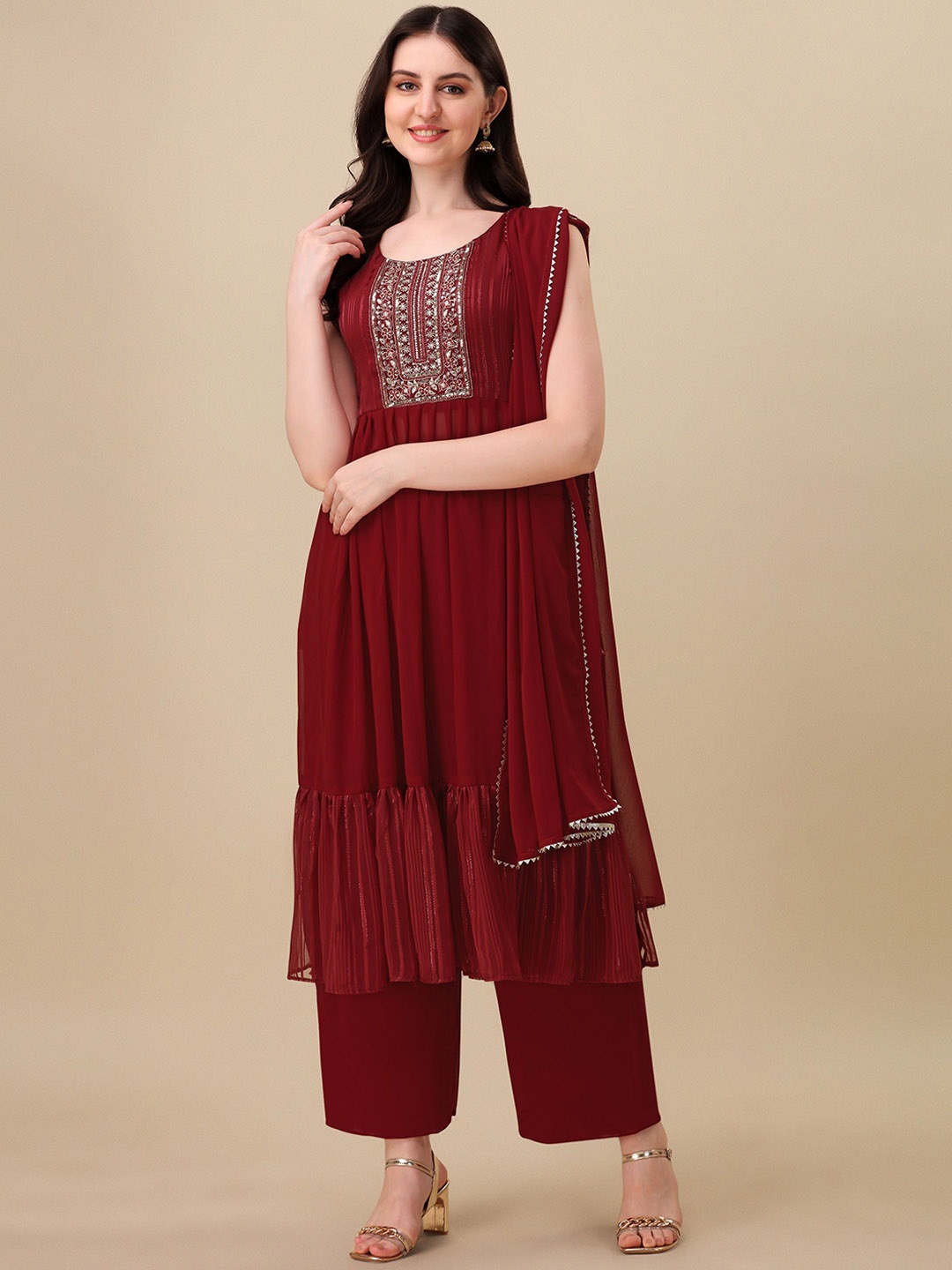 

Sashay Boutique Embroidered Anarkali Kurta with Palazzos & Dupatta, Maroon
